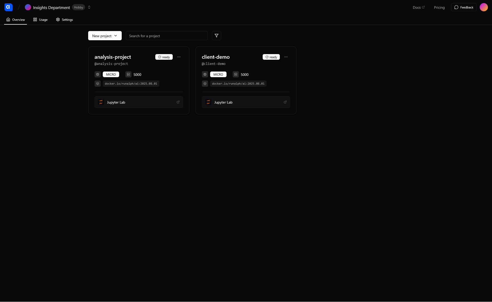 Notebook Servers Interface - Dark Theme